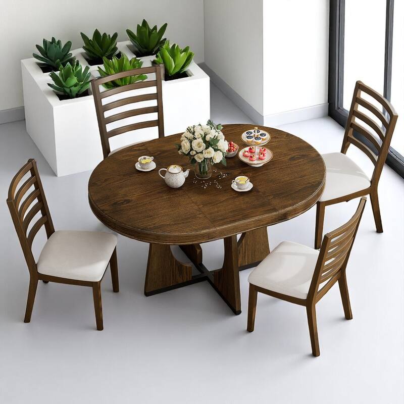 Retro 5-Piece Round Dining Table Set with Leaf Extension and Upholstered Chairs for Kitchen