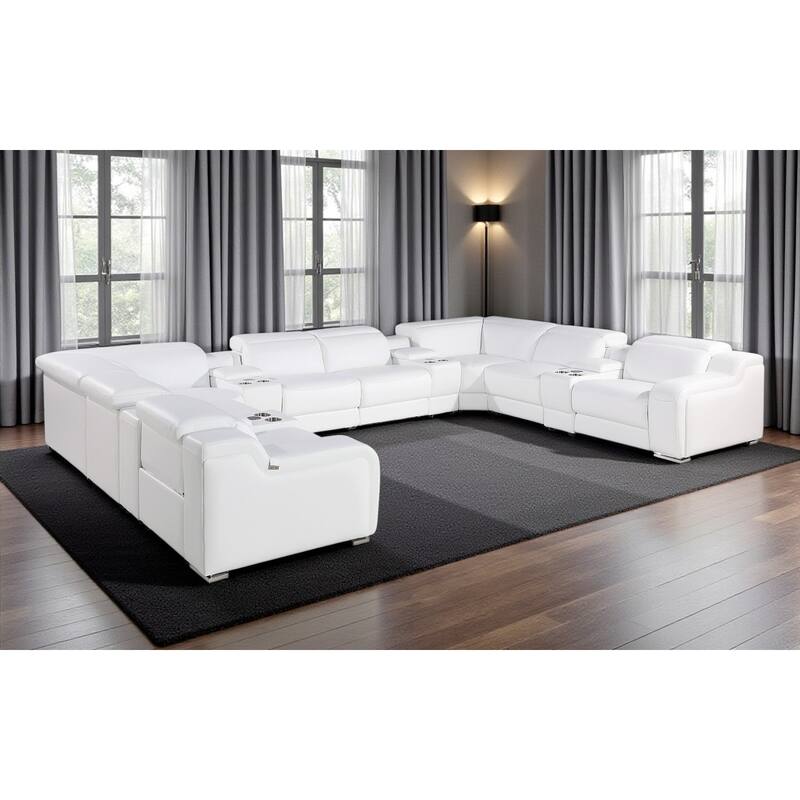 HomeRoots White Italian Leather Power Reclining U Shaped Twelve Piece Corner Sectional With Console - Symmetrical - White