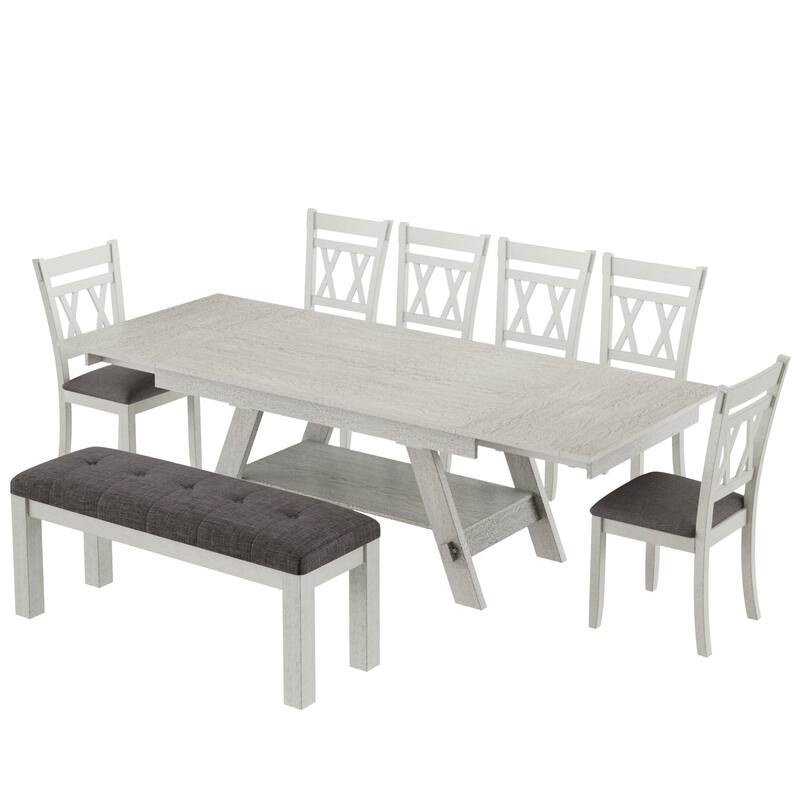 Javlergo Dining Table Set with Bench, Solid Wood Rectangular Extendable Dining Table and Chairs Set for 6-8