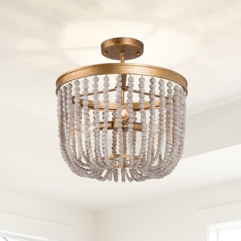 Cotia Boho Modern Glam 3-Light Wood Beads Semi-flush Mount Ceiling Lights Gold Chandelier - D14"*H15.5"