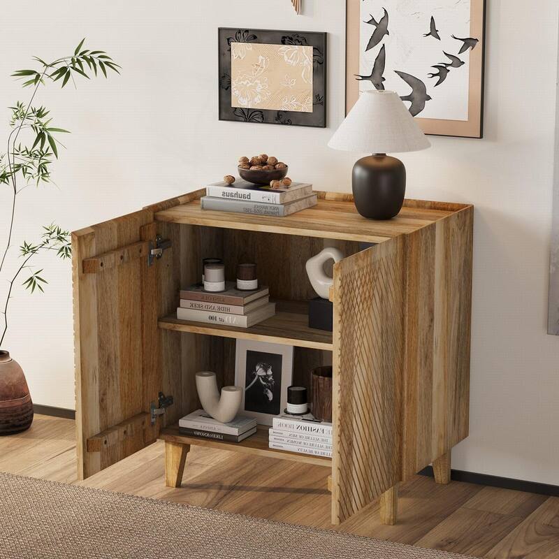 Rustic Solid Mango Wood Accent Buffet Cabinet with Fluted Door and Adjustable Shelf
