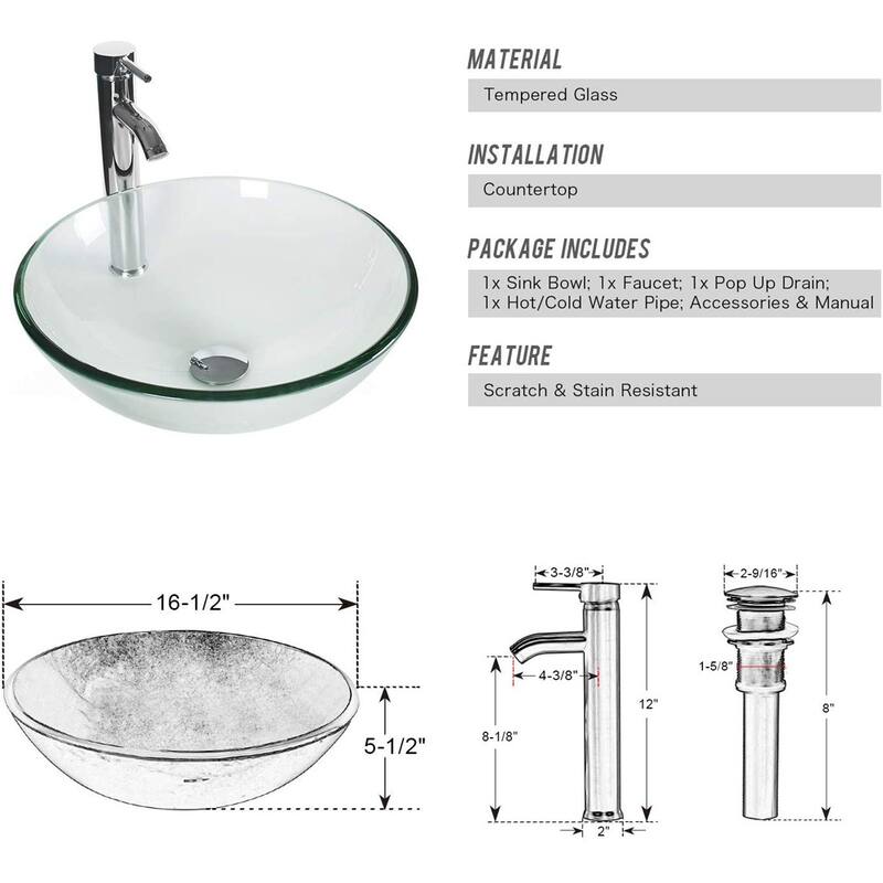 Eclife Modern Bathroom Sink Tempered Glass & Ceramic Artisan Basin for Vanity