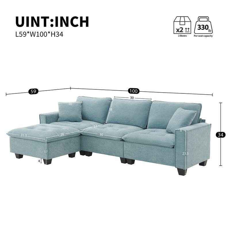 Modern Tufted Sectional Sofa with Luxurious Suede Fabric & Reinforced Legs - 4 Seat Sofa with Ottoman