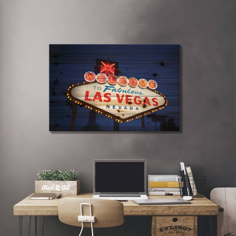 The "Welcome To Fabulous Las Vegas" Sign At Night, Paradise, Clark County, Nevada, USA Print On Wood by Walter Bibikow