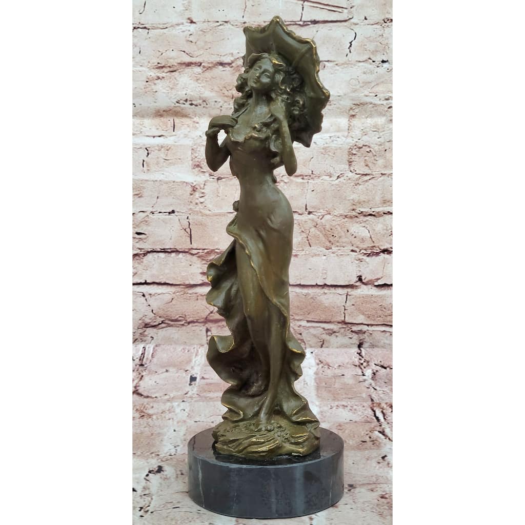 Art Nouveau Bronze Lady With Parasol Umbrella – Elegant Sculpture