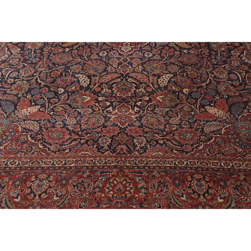 Hand Knotted Oriental 100% Wool Carpet Traditional Floral Navy Blue & Blues Kashan Area Rug - 14' 2'' X 10' 0''