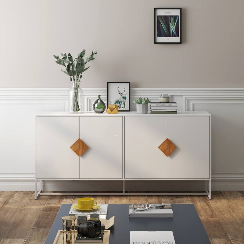 Solid Wood Square Shape Handle Deisign Sideboard with Doors - White-63" W