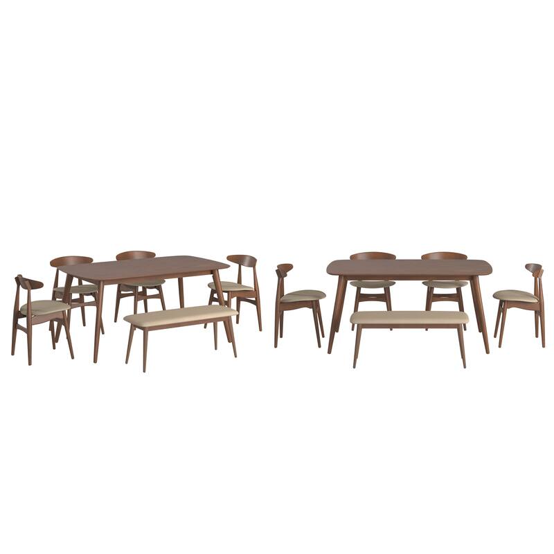 Ribe Mid-Century Modern Tapered Dining Set - 63" Table - Beige Fabric/4 Chairs+1 Bench