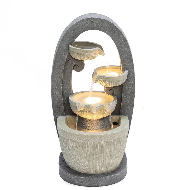 Grey Oval Cascading Bowls Resin Outdoor Fountain with LED Lights