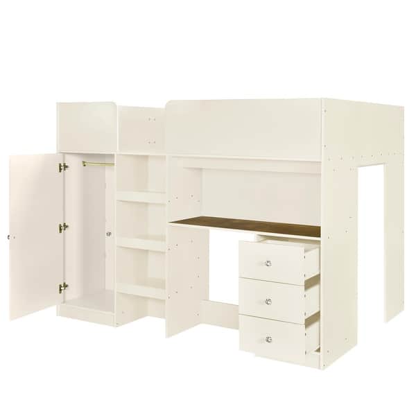slide 2 of 10, Full Size Loft Bed with Desk, Built-in Wardrobe & Drawers, Wooden High Loftbed with Multi-Storage Space for Kids Teens Bedroom Beige - Full