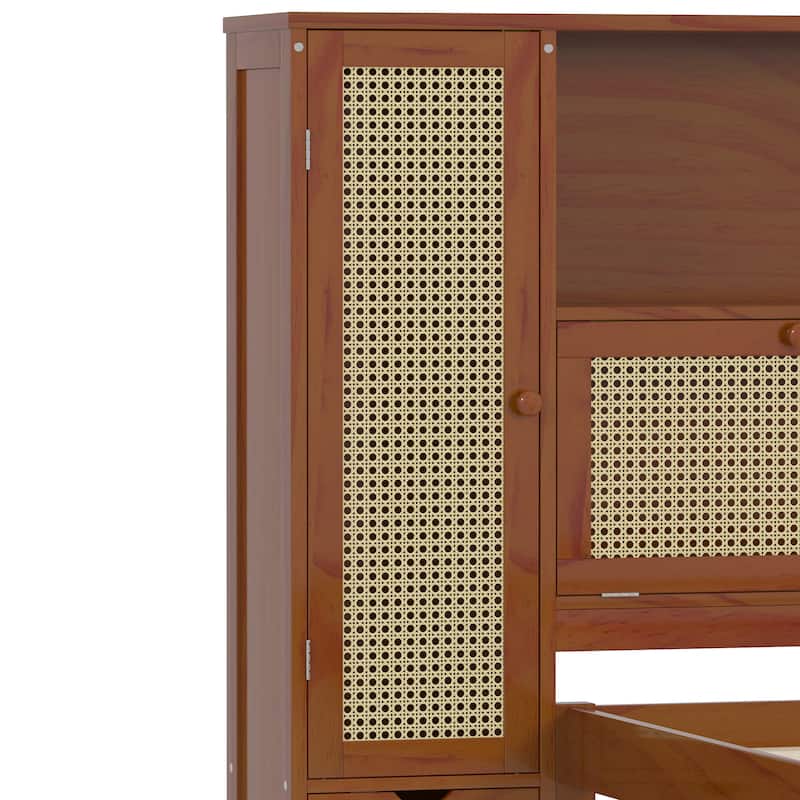 Twin Size Wooden Bed w/ 2 Storage Lockers, Drawer & Storage Shelf on Headboard, Multifunctional Platform Bed, Walnut