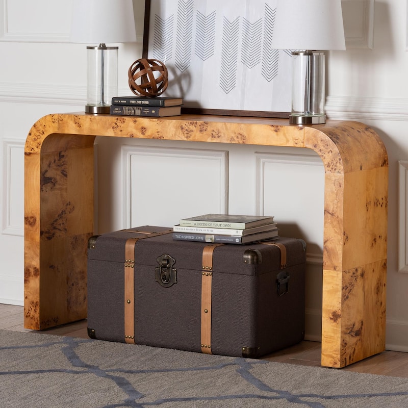 Revelle Real Burl Wood Console Table - Modern Entryway or Sofa Table with Waterfall Design and Minimalist Silhouette