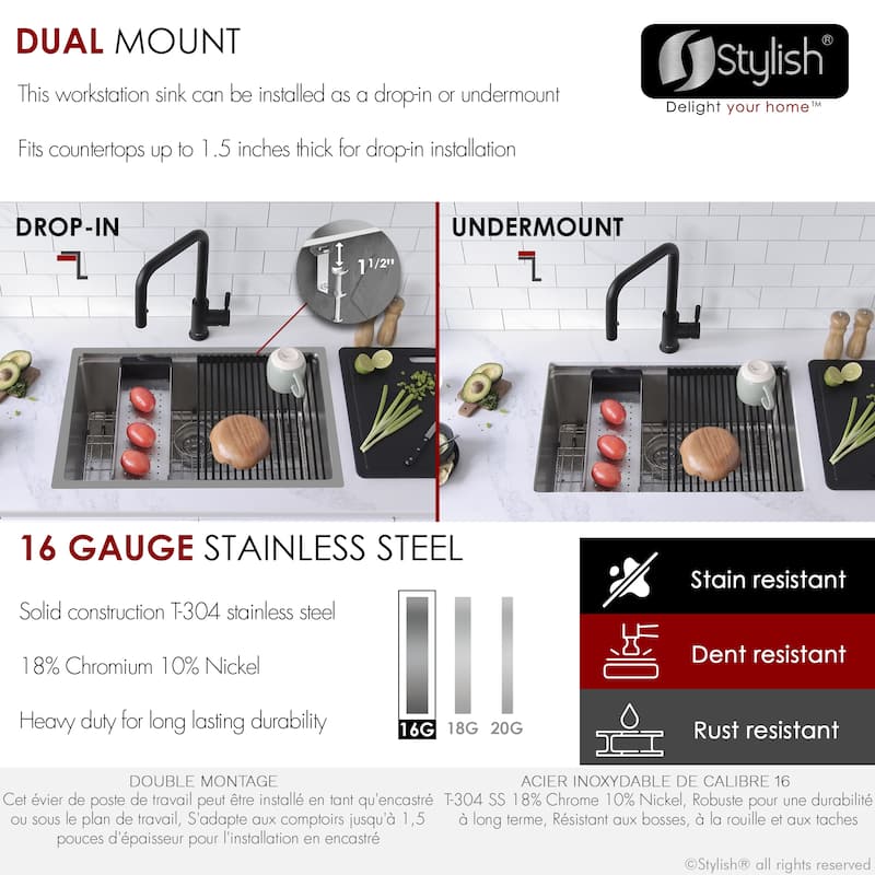 Dual Mount 27" Stainless S. Single Bowl Kitchen Sink Handmade - 27" x 19" x 9"