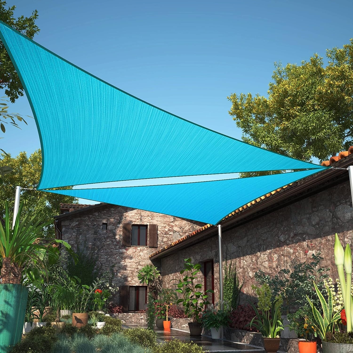 16' x 16' x 16' Turquoise Triangle Sun Shade Sail UPF50, Water & Air Permeable, UV Resistant for Outdoor Use