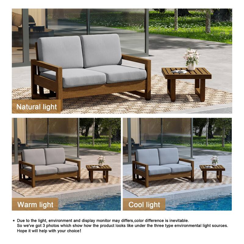 Teak Wood Cushioned Outdoor Patio Loveseat Set with Side Table