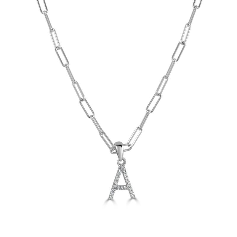 Joelle Collection Diamond Initial Letter Necklace Paperclip 14K Gold 16-inch Chain 1/10 TDW Necklace - A - White