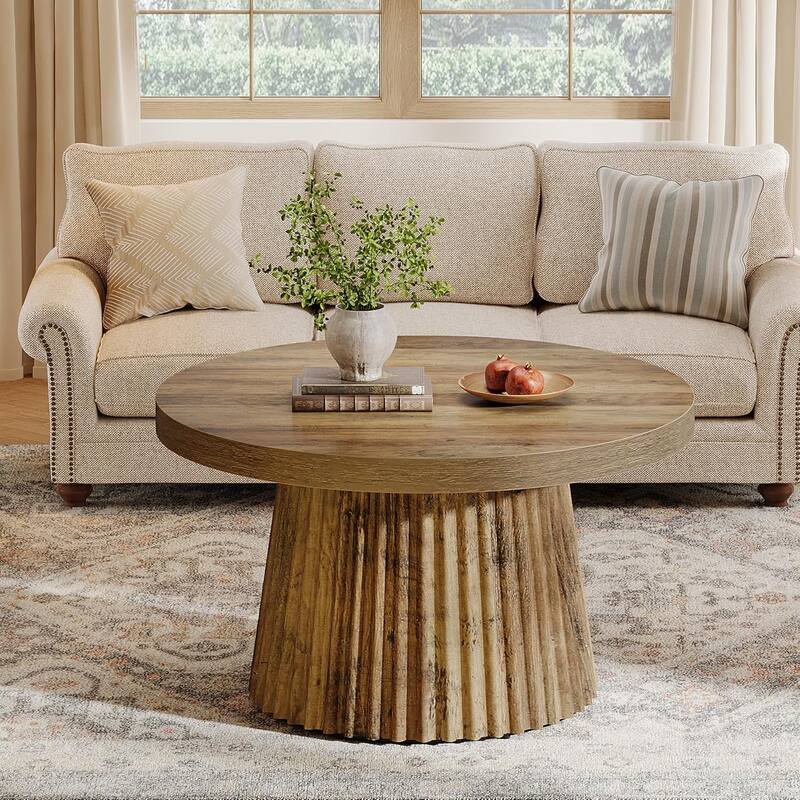 Round Coffee Table, 31.5" Modern Minimalist Circle Center Table with Fluted Drum Base, Accent Cocktail Table