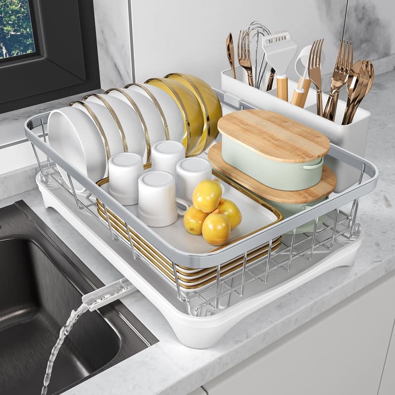 Stainless Steel Dish Drying Rack with Drain Tray & Cup Holder