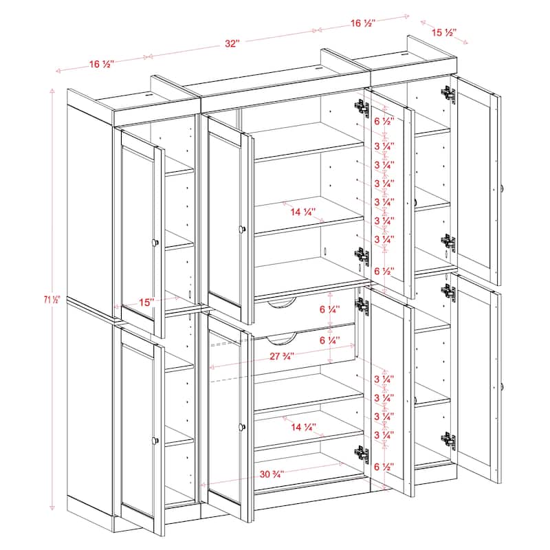 Palace Imports 100% Solid Wood Kitchen China Cabinet Pantry with Glass or Solid Wood Doors and 2-Drawer Kit - 65" x 71.5"