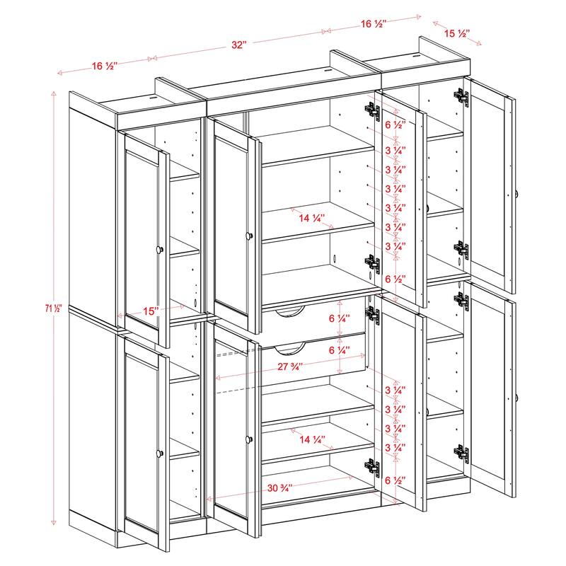 Solid Wood Tall Freestanding Kitchen Pantry Cabinet with Doors & 2 Drawers, Adjustable Shelves, Modular Storage, 65" W x 71.5" H