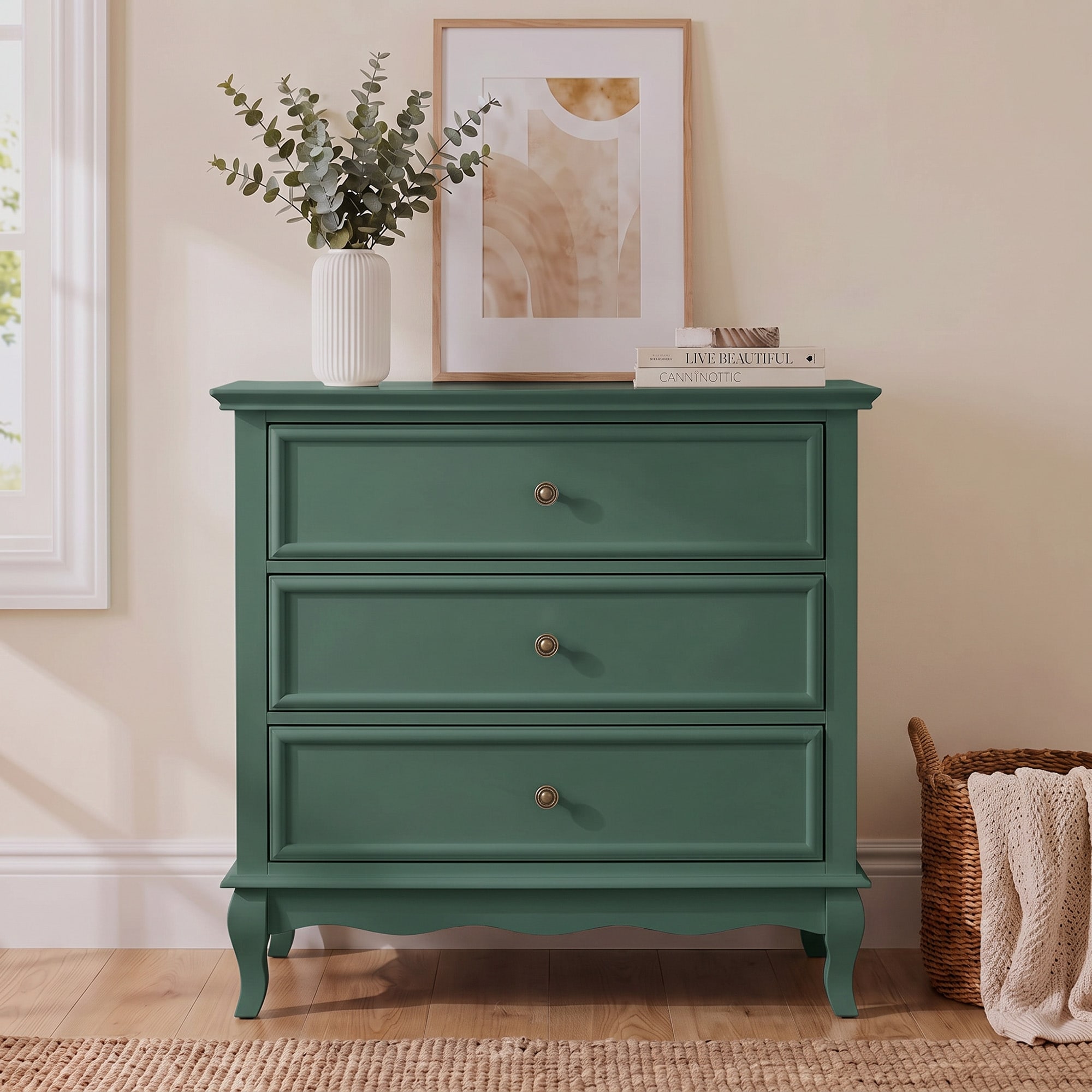 Modern Fluted Dresser, 3‑Drawer Side Table with Semi‑Open Display Shelf