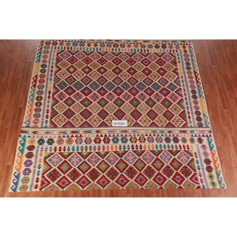 Reversible Trellis Kilim Oriental Area Rug Hand-Woven Wool Carpet - 10'3"x 13'5"