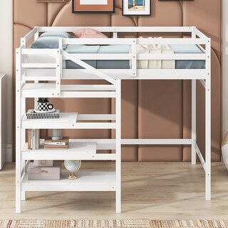 Full Size Wood Loft Bed with Built-in Storage Staircase & Hanger for Clothes
