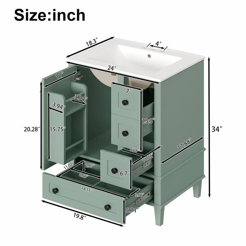 24" Bathroom Vanity with Ceramic Sink, Soft-Close Drawers, Soft-Close Door & Door-Mounted Shelf