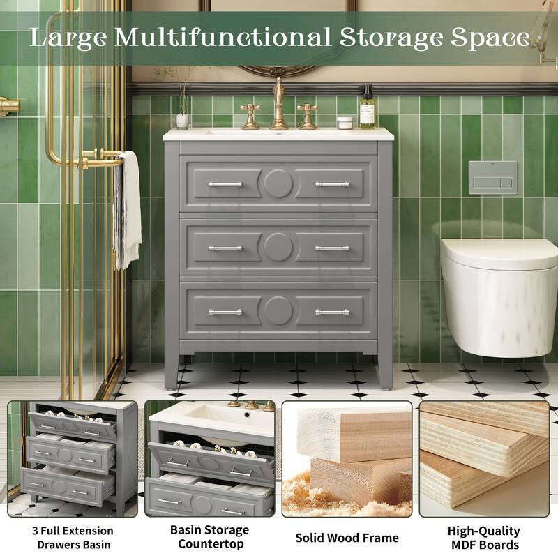 Free Standing Retro Carved Pattern Bathroom Vanity with Ceramic Sink, Tip-out Drawer, 2 Pull-out Drawers and Gold Handles