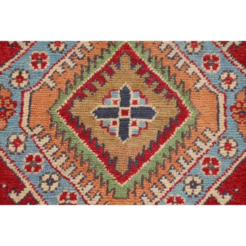 Red Geometric Kazak Oriental Accent Rug Handmade Wool Carpet - 2'8" x 3'11"