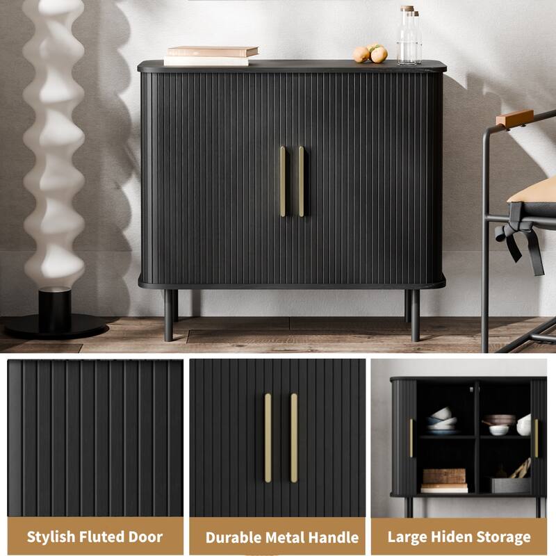 Tambour Door Accent Cabinet Modern Sideboard Buffet Cabinet, Black
