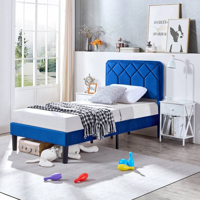 VECELO Adjustable Height Velvet Upholstered Bed Diamond Tufted Headboard with 7.8" Underbed Storage No Box Spring Needed