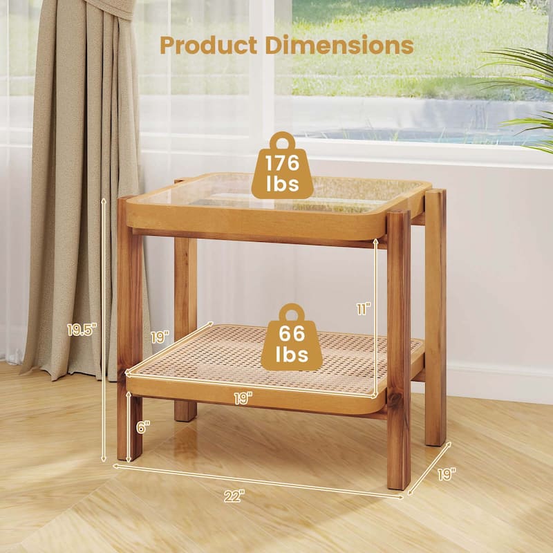 Costway 1/2 PCS End Table with Tempered Glass Top Acacia Wood Legs