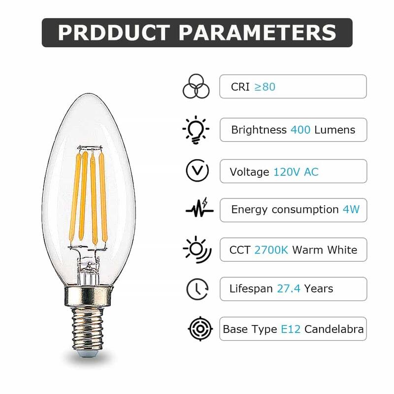 Acroma 4 Watt (40 Watt Equivalent), C11 LED, Dimmable Light Bulb, Warm White ( 2700K) E12/Candelabra Base (Set of 12)-UL - Clear