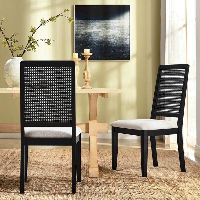 Arlo Faux Rattan and Wood Dining Side Chairs - Set of 2 - Set of 2 - Black Black Heathered Weave Ivory