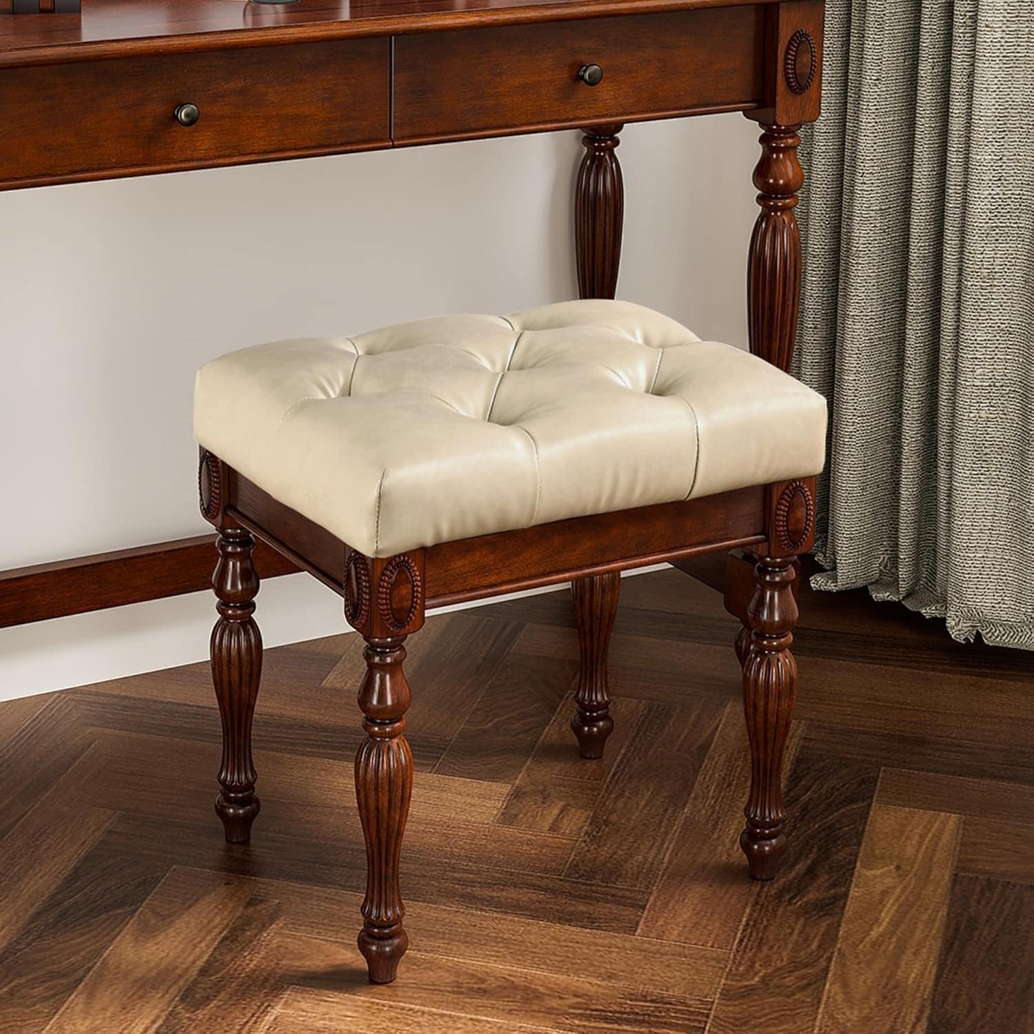 Wood Upholstered Vanity Bench with Vintage Leather Tufted Cushion and Rustic Legs