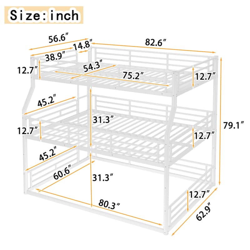 Full XL over Queen over Queen Bunk Bed, Metal Triple Bunk Bed with Safety Guardrails, Bunk Bed with Noise-reduced Design