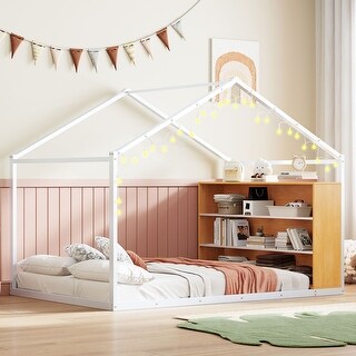 Full Size House Bed Frame with Roof Design, Metal Platform Bed with Storage Shelves