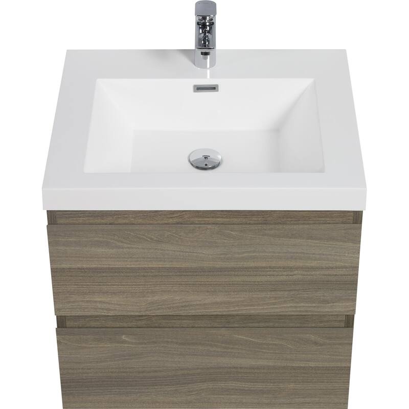 35.5-Inch Floating Bathroom Vanity with Glossy Resin Sink, Ash Grey Color, Wall-Mounted Design, 2 Drawers