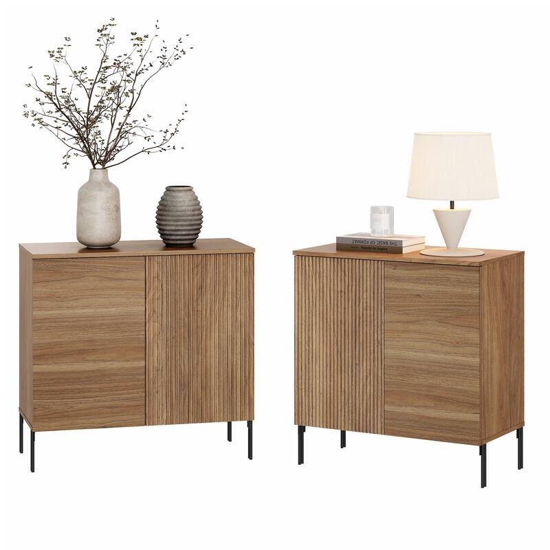 Modern Minimalist Wood Nightstand With Doors ,31.5" End Table,Reeded Design Bedside Table - Walnut-2PCS