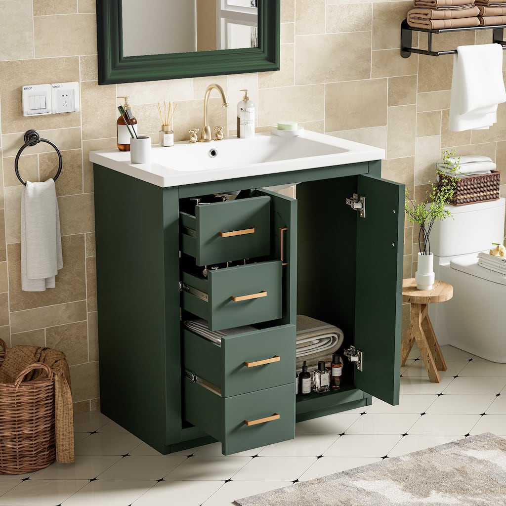 GDFStudio - Montvale Modern Freestanding Bathroom Vanity with Ceramic Sink and 3 Storage Drawers & Soft Closing Doors - 30'W