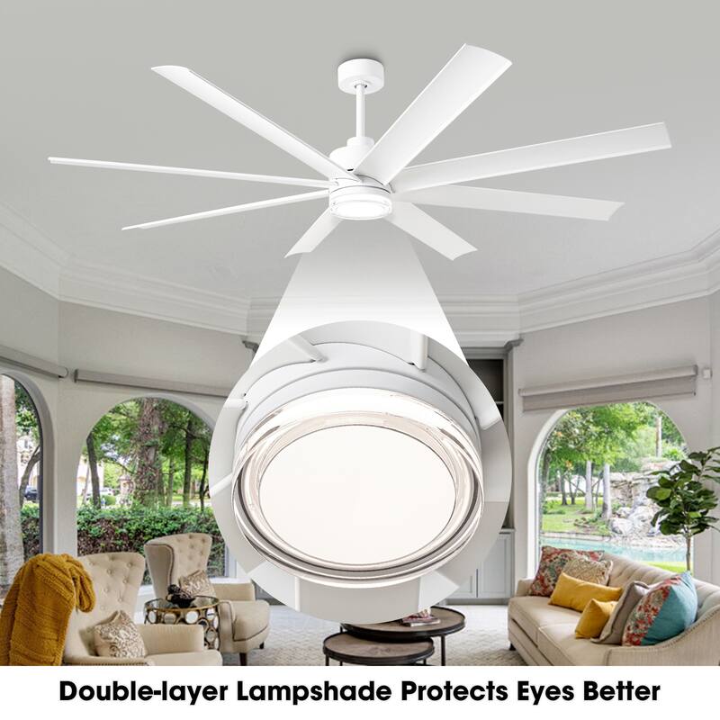 72" Modern White Large Smart Ceiling Fan with Light and Remote, App Control, Voice Control