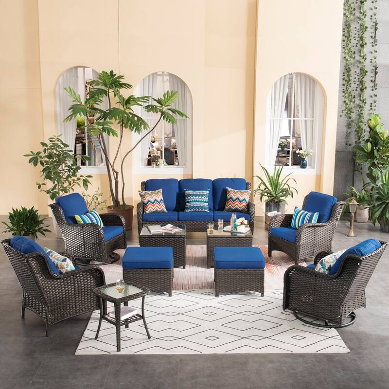 OVIOS 10-piece Patio Swivel Chair Conversation Set with tables - Navy Blue-Brown Wicker