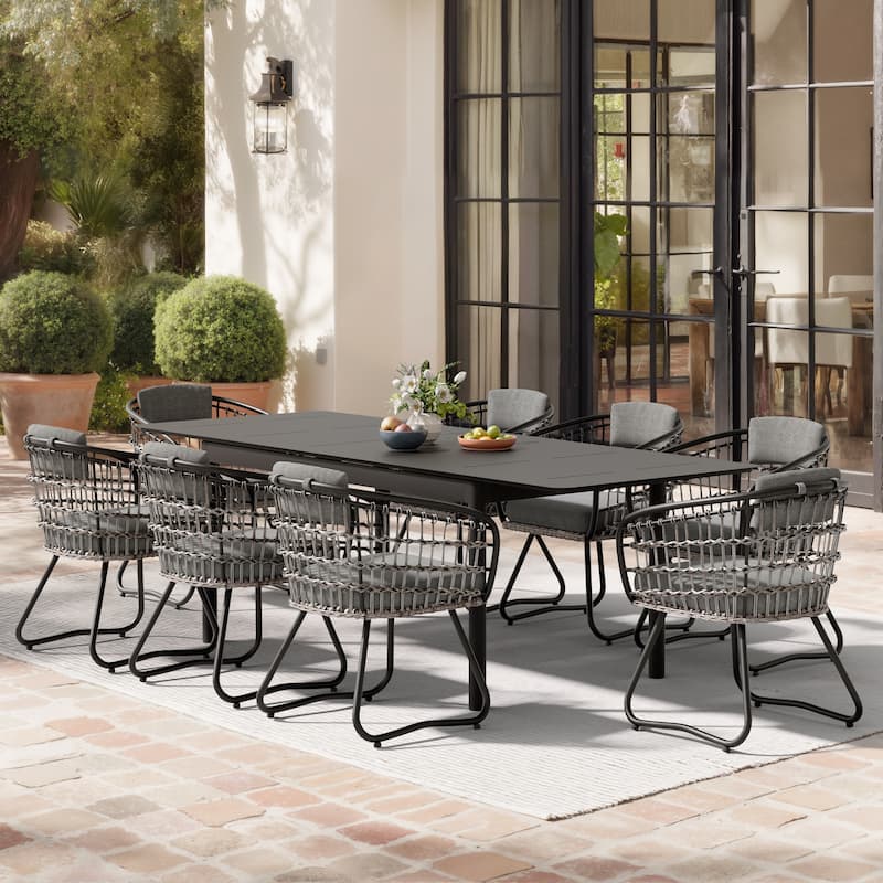 7/9PC Outdoor Aluminum Expandable Patio Dining Sets Extension Table with Rattan Chair - Table-Black&Chair-Grey-9PC