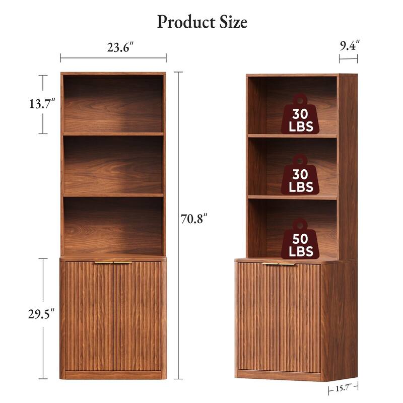 71" Walnut Bookcase with Doors Set of 2, 5 Tier Fluted Tall Bookshelf with Storage