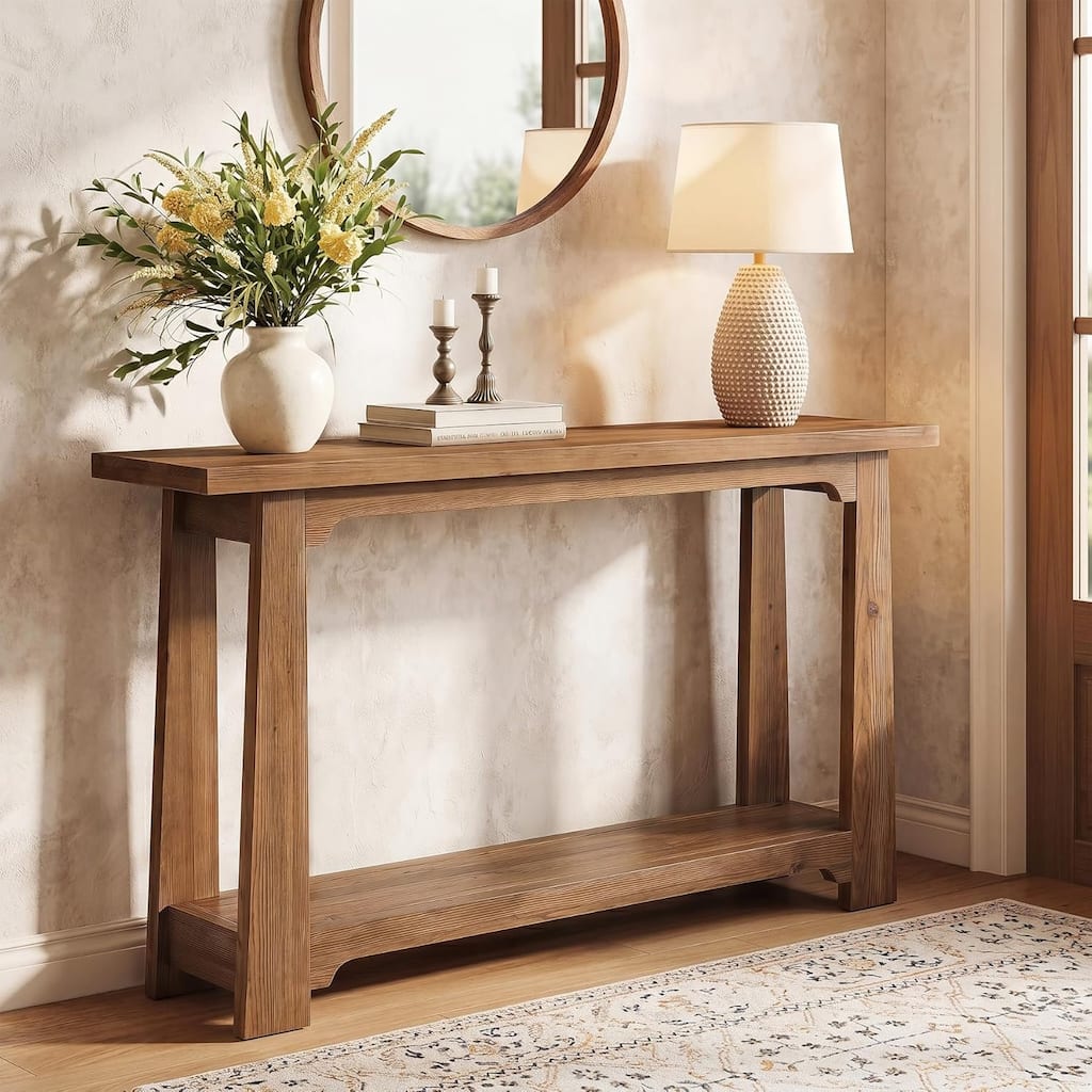 55" Solid Wood Console Table, Farmhouse Entryway Table with Storage Shelf, Narrow Sofa Table Behind Couch