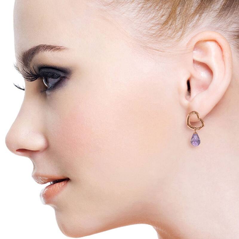 14K Solid Gold Heart Gemstone Earrings w/ Dangling Natural Amethysts