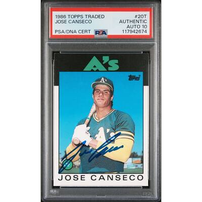 Jose Canseco 1986 Topps Traded Signed Baseball Rookie Card #20T Auto Graded PSA 10 Cert # 117942674 - 8' x 11'