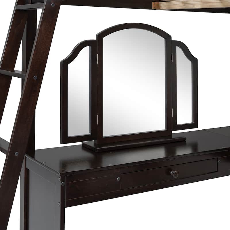 Full Loft Bed with U-shaped Desk, Tri-fold Mirror and Storage Shelves