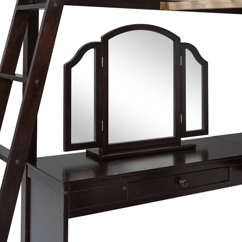 Full Size Pinewood Loft Bed with U-shaped Desk, Storage Compartments, and Tri-fold Mirror